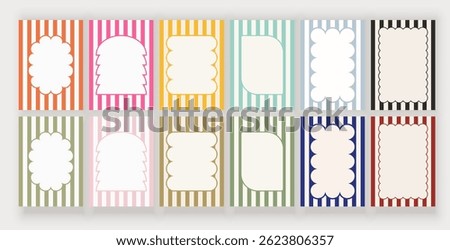 Set of decorative cards with colorful vertical stripes and retro frames, flat graphic style, light background