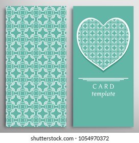 Set of decorative cards with line geometric texture. Vertical linear pattern and ornate heart background. Lace card, vector template for Wedding, Valentine's day, Birthday Invitation