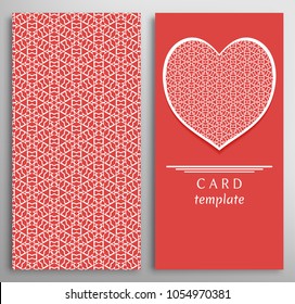 Set of decorative cards with line geometric texture. Vertical linear pattern and ornate heart background. Lace card, vector template for Wedding, Valentine's day, Birthday Invitation