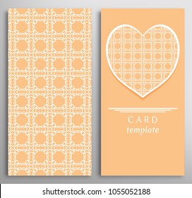 Set of decorative cards with line geometric texture. Vertical linear pattern and ornate heart background. Lace card, vector template for Wedding, Valentine's day, Birthday Invitation