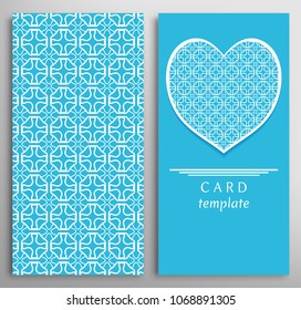 Set of decorative cards with line geometric texture. Vertical linear pattern and ornate heart background. Lace card, vector template for Wedding, Valentine's day, Birthday Invitation