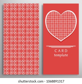 Set of decorative cards with line geometric texture. Vertical linear pattern and ornate heart background. Lace card, vector template for Wedding, Valentine's day, Birthday Invitation