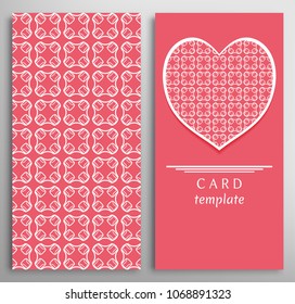 Set of decorative cards with line geometric texture. Vertical linear pattern and ornate heart background. Lace card, vector template for Wedding, Valentine's day, Birthday Invitation