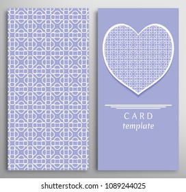 Set of decorative cards with line geometric texture. Vertical linear pattern and ornate heart background. Lace card, vector template for Wedding, Valentine's day, Birthday Invitation