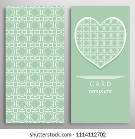 Set of decorative cards with line geometric texture. Vertical linear pattern and ornate heart background. Lace card, vector template for Wedding, Valentine's day, Birthday Invitation