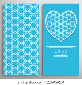 Set of decorative cards with line geometric texture. Vertical linear pattern and ornate heart background. Lace card, vector template for Wedding, Valentine's day, Birthday Invitation