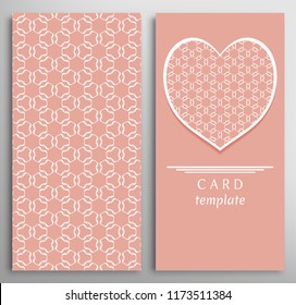 Set of decorative cards with line geometric texture. Vertical linear pattern and ornate heart background. Lace card, vector template for Wedding, Valentine's day, Birthday Invitation