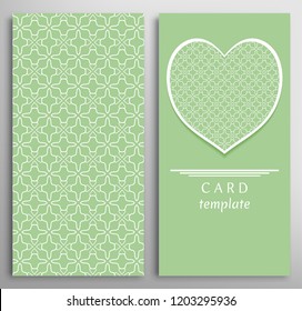 Set of decorative cards with line geometric texture. Vertical linear pattern and ornate heart background. Lace card, vector template for Wedding, Valentine's day, Birthday Invitation
