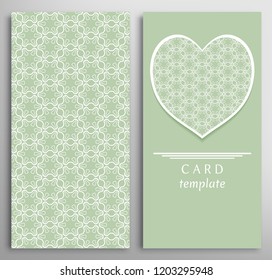 Set of decorative cards with line geometric texture. Vertical linear pattern and ornate heart background. Lace card, vector template for Wedding, Valentine's day, Birthday Invitation