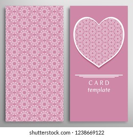 Set of decorative cards with line geometric texture. Vertical linear pattern and ornate heart background. Lace card, vector template for Wedding, Valentine's day, Birthday Invitation