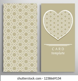 Set of decorative cards with line geometric texture. Vertical linear pattern and ornate heart background. Lace card, vector template for Wedding, Valentine's day, Birthday Invitation