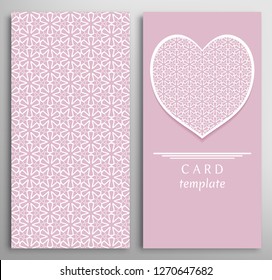 Set of decorative cards with line geometric texture. Vertical linear pattern and ornate heart background. Lace card, vector template for Wedding, Valentine's day, Birthday Invitation