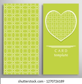 Set of decorative cards with line geometric texture. Vertical linear pattern and ornate heart background. Lace card, vector template for Wedding, Valentine's day, Birthday Invitation