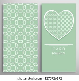 Set of decorative cards with line geometric texture. Vertical linear pattern and ornate heart background. Lace card, vector template for Wedding, Valentine's day, Birthday Invitation