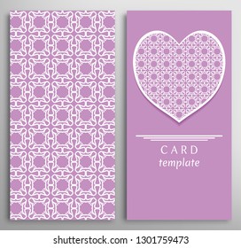 Set of decorative cards with line geometric texture. Vertical linear pattern and ornate heart background. Lace card, vector template for Wedding, Valentine's day, Birthday Invitation