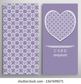Set of decorative cards with line geometric texture. Vertical linear pattern and ornate heart background. Lace card, vector template for Wedding, Valentine's day, Birthday Invitation