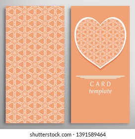 Set of decorative cards with line geometric texture. Vertical linear pattern and ornate heart background. Lace card, vector template for Wedding, Valentine's day, Birthday Invitation