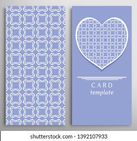 Set of decorative cards with line geometric texture. Vertical linear pattern and ornate heart background. Lace card, vector template for Wedding, Valentine's day, Birthday Invitation