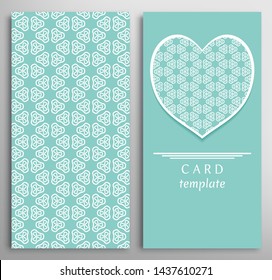 Set of decorative cards with line geometric texture. Vertical linear pattern and ornate heart background. Lace card, vector template for Wedding, Valentine's day, Birthday Invitation
