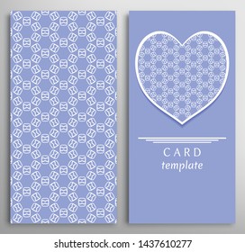 Set of decorative cards with line geometric texture. Vertical linear pattern and ornate heart background. Lace card, vector template for Wedding, Valentine's day, Birthday Invitation