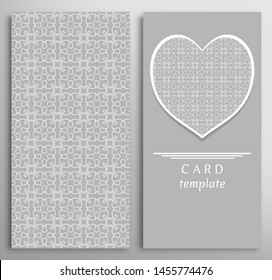Set of decorative cards with line geometric texture. Vertical linear pattern and ornate heart background. Lace card, vector template for Wedding, Valentine's day, Birthday Invitation