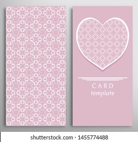 Set of decorative cards with line geometric texture. Vertical linear pattern and ornate heart background. Lace card, vector template for Wedding, Valentine's day, Birthday Invitation