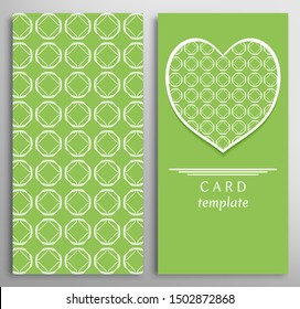 Set of decorative cards with line geometric texture. Vertical linear pattern and ornate heart background. Lace card, vector template for Wedding, Valentine's day, Birthday Invitation