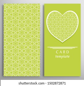 Set of decorative cards with line geometric texture. Vertical linear pattern and ornate heart background. Lace card, vector template for Wedding, Valentine's day, Birthday Invitation
