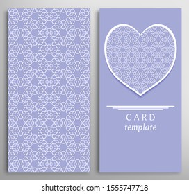 Set of decorative cards with line geometric texture. Vertical linear pattern and ornate heart background. Lace card, vector template for Wedding, Valentine's day, Birthday Invitation