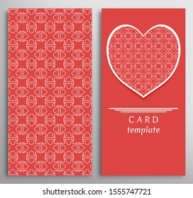 Set of decorative cards with line geometric texture. Vertical linear pattern and ornate heart background. Lace card, vector template for Wedding, Valentine's day, Birthday Invitation