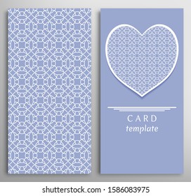 Set of decorative cards with line geometric texture. Vertical linear pattern and ornate heart background. Lace card, vector template for Wedding, Valentine's day, Birthday Invitation