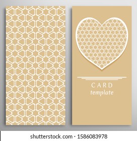 Set of decorative cards with line geometric texture. Vertical linear pattern and ornate heart background. Lace card, vector template for Wedding, Valentine's day, Birthday Invitation