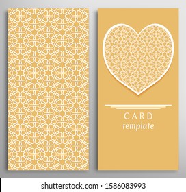 Set of decorative cards with line geometric texture. Vertical linear pattern and ornate heart background. Lace card, vector template for Wedding, Valentine's day, Birthday Invitation