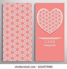 Set of decorative cards with line geometric texture. Vertical linear pattern and ornate heart background. Lace card, vector template for Wedding, Valentine's day, Birthday Invitation