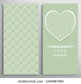 Set of decorative cards with line geometric texture. Vertical linear pattern and ornate heart background. Lace card, vector template for Wedding, Valentine's day, Birthday Invitation