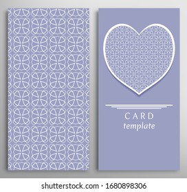 Conjunto de tarjetas decorativas con textura geométrica de línea. Patrón lineal vertical y fondo cardiaco ornamentado. Tarjeta de encaje, plantilla vectorial para bodas, día de San Valentín, invitación de cumpleaños