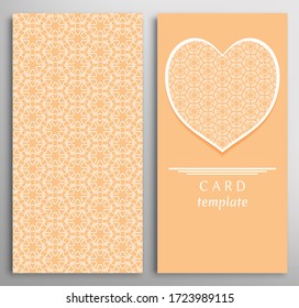 Set of decorative cards with line geometric texture. Vertical linear pattern and ornate heart background. Lace card, vector template for Wedding, Valentine's day, Birthday Invitation