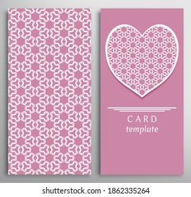 Conjunto de tarjetas decorativas con textura geométrica de línea. Patrón lineal vertical y fondo cardiaco ornamentado. Tarjeta de encaje, plantilla vectorial para Boda, Día de San Valentín, Invitación de cumpleaños