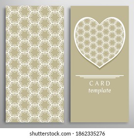 Set of decorative cards with line geometric texture. Vertical linear pattern and ornate heart background. Lace card, vector template for Wedding, Valentine's day, Birthday Invitation