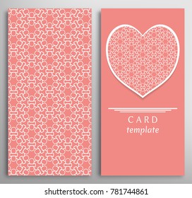 Set of decorative cards with line geometric texture. Vertical linear pattern and ornate heart background. Lace card, vector template for Wedding, Valentine's day, Birthday Invitation