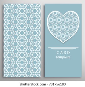 Set of decorative cards with line geometric texture. Vertical linear pattern and ornate heart background. Lace card, vector template for Wedding, Valentine's day, Birthday Invitation