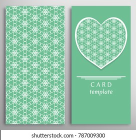 Set of decorative cards with line geometric texture. Vertical linear pattern and ornate heart background. Lace card, vector template for Wedding, Valentine's day, Birthday Invitation