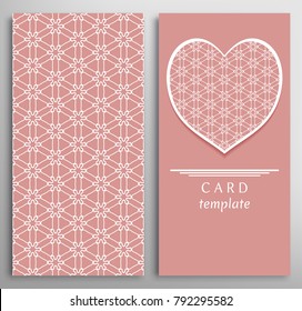 Set of decorative cards with line geometric texture. Vertical linear pattern and ornate heart background. Lace card, vector template for Wedding, Valentine's day, Birthday Invitation