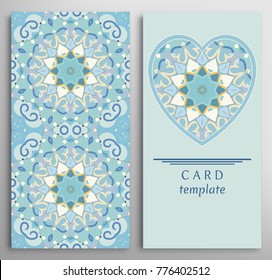 Set of decorative cards with mandala geometric texture. Vertical seamless pattern and ornate heart background. Vector template for Wedding, Valentine's day, Birthday Invitation