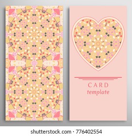 Set of decorative cards with mandala geometric texture. Vertical seamless pattern and ornate heart background. Vector template for Wedding, Valentine's day, Birthday Invitation