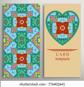 Set of decorative cards with mandala geometric texture. Vertical seamless pattern and ornate heart background. Vector template for Wedding, Valentine's day, Birthday Invitation