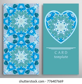 Set of decorative cards with mandala geometric texture. Vertical seamless pattern and ornate heart background. Vector template for Wedding, Valentine's day, Birthday Invitation