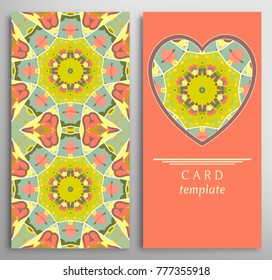 Set of decorative cards with mandala geometric texture. Vertical seamless pattern and ornate heart background. Vector template for Wedding, Valentine's day, Birthday Invitation