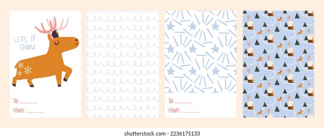 set of decorative cards and patterns for winter, Christmas with reindeer, blue stars, abstract lines, Christmas tree, houses. vector illustration for decor, fabric, posters.