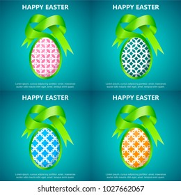 A set of decorative cards a poster of happy easter on a beautiful background.Egg with a festive bow.